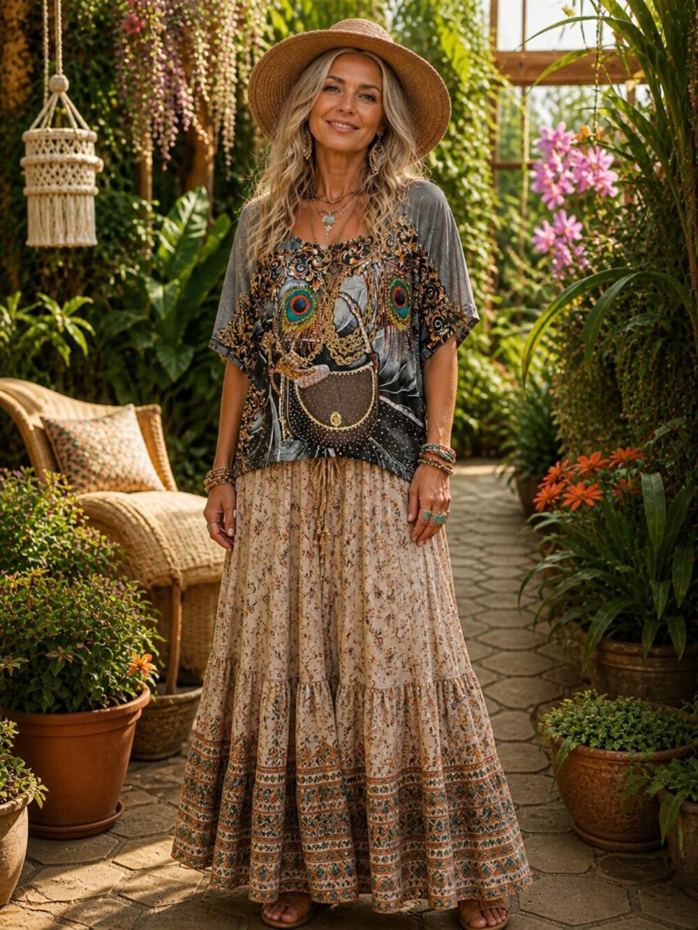 Mary McFadden Black Tunic with Gold and Orange Baroque Scrolls Peacock Feathers